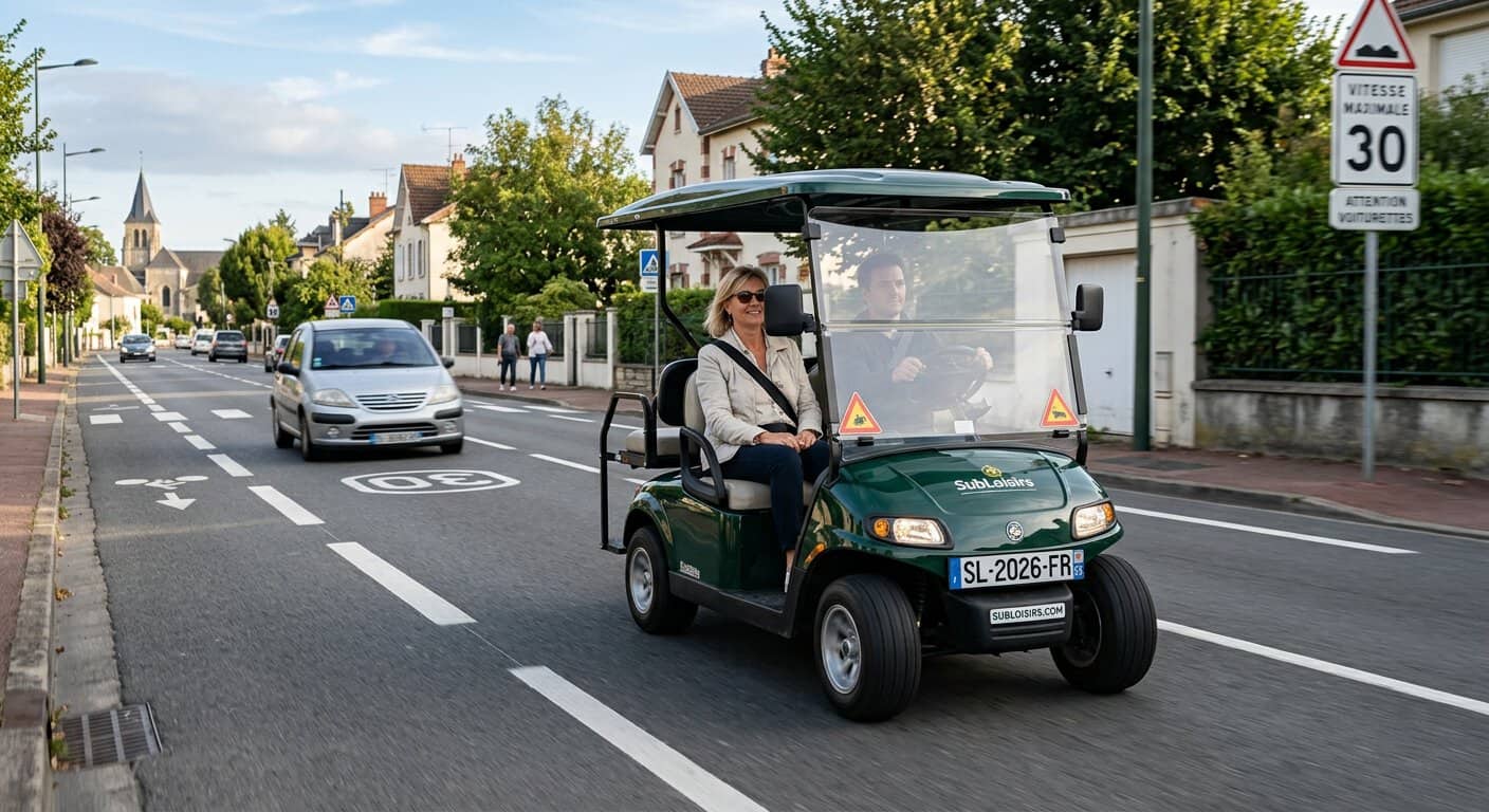 Voiturette de golf circulant sur une voie publique résidentielle