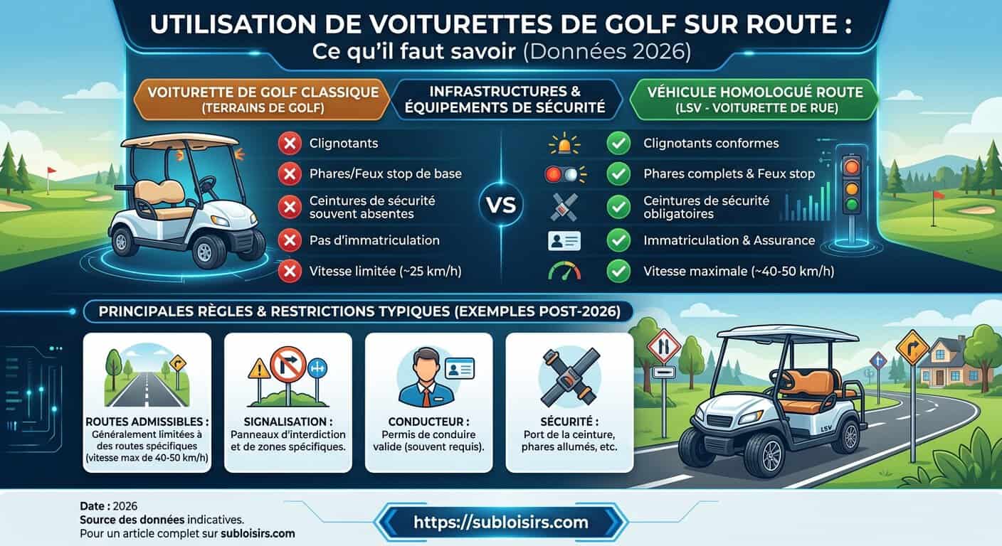 Graphique comparant les critères d'homologation routière pour les voiturettes de golf en 2026