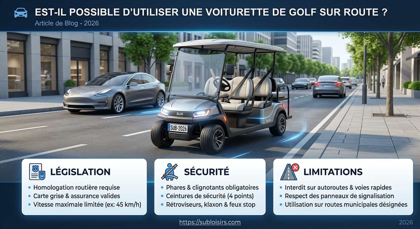 Arbre de décision illustrant les conditions légales 2026 pour conduire une voiturette de golf sur la voie publique