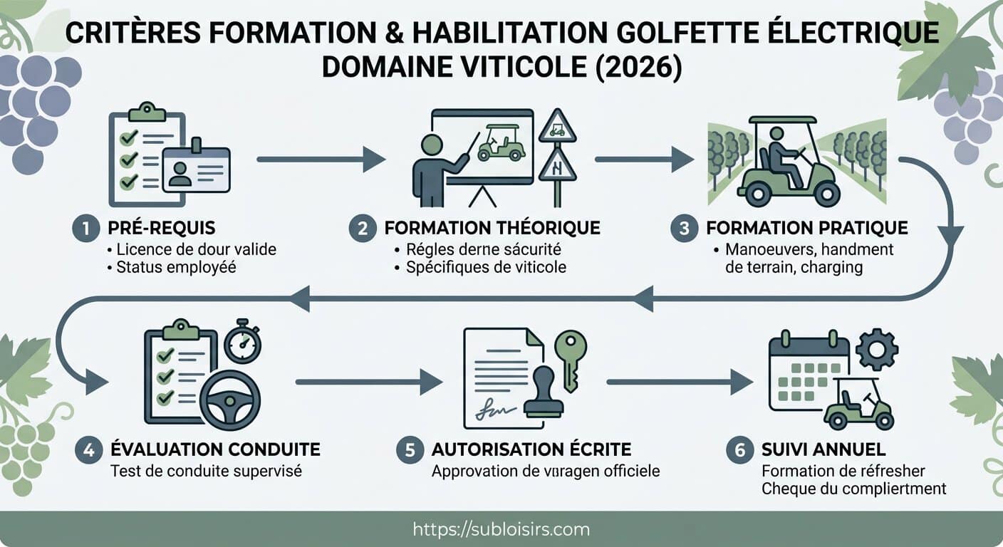 Schéma de processus des étapes obligatoires pour l'habilitation golfette électrique en domaine viticole 2026