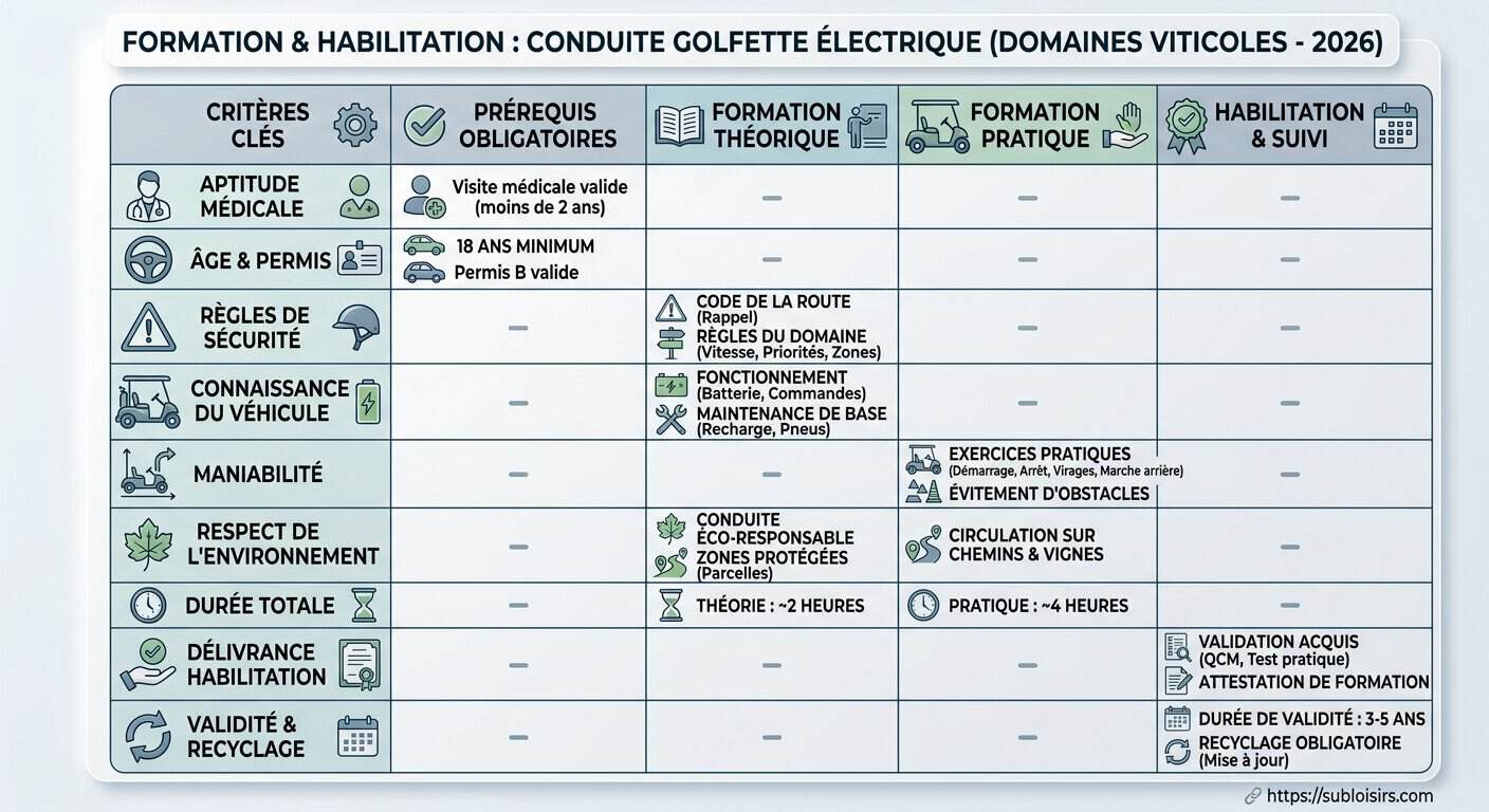 Tableau synthétique des critères légaux et opérationnels pour l'habilitation golfette électrique en domaine viticole 2026