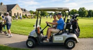 Golfette d'occasion en excellent état sur un parcours de golf