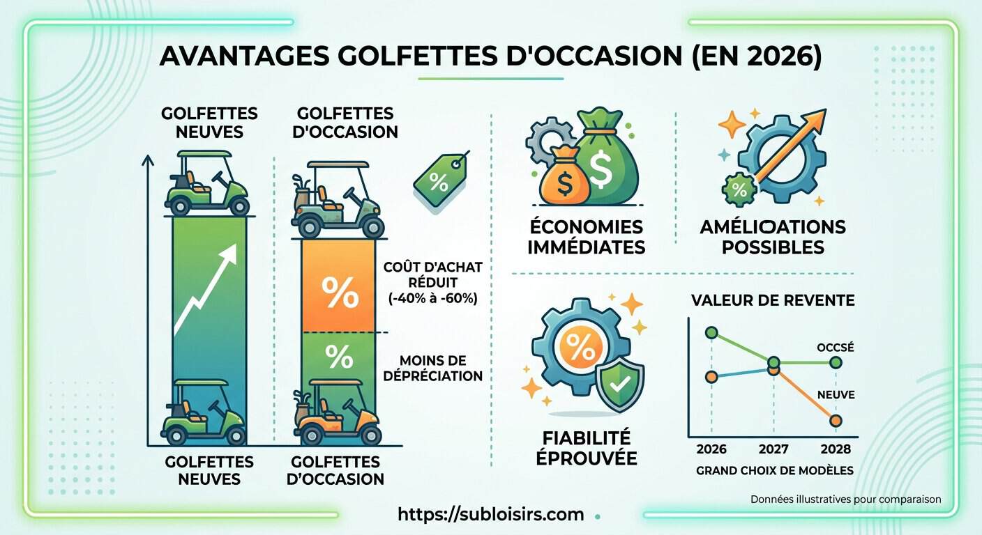 Graphique comparatif du coût total de possession entre golfette neuve et golfette d'occasion sur 5 ans
