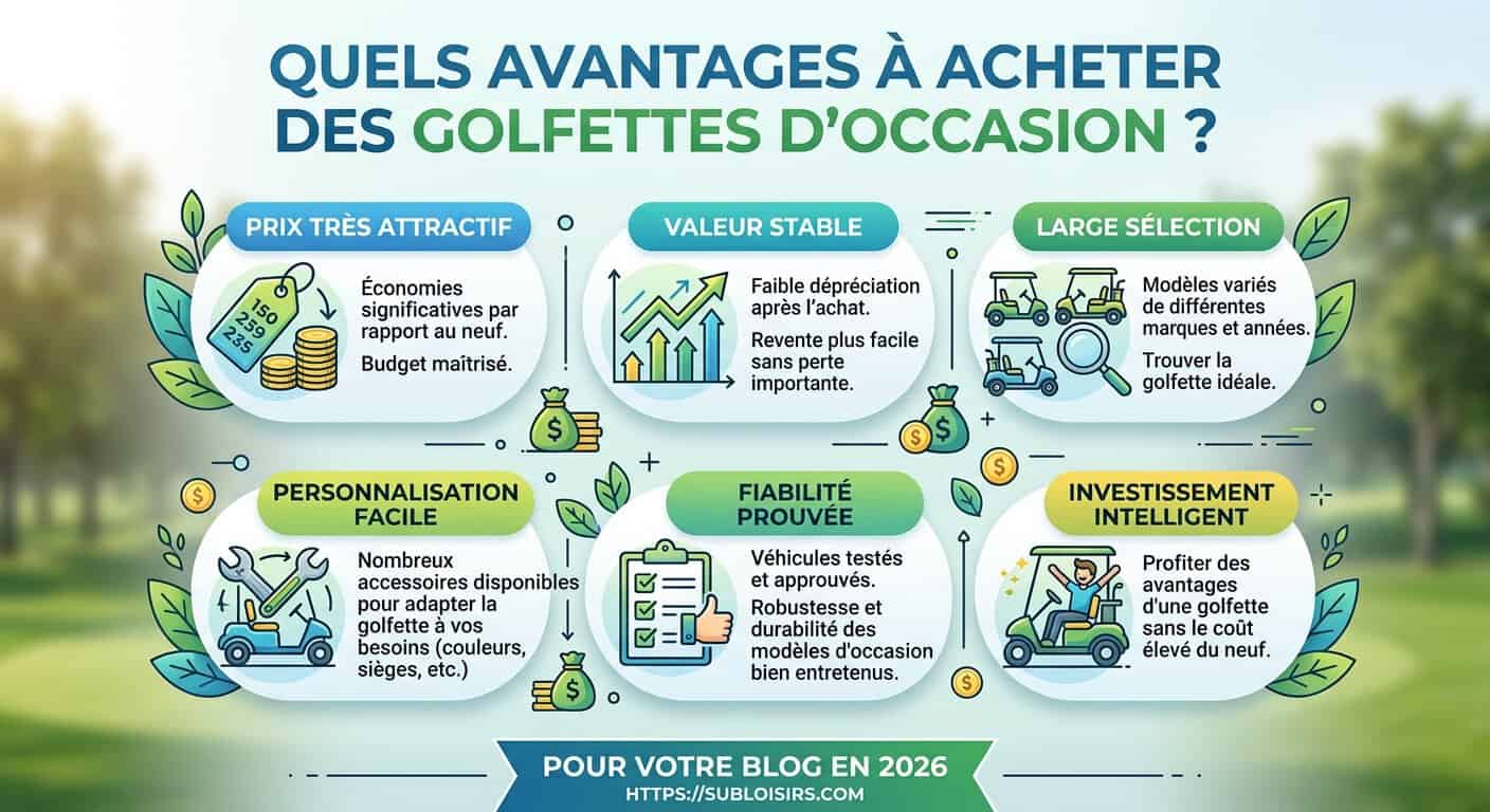 Infographie sur les avantages écologiques et économiques des golfettes d'occasion en 2026