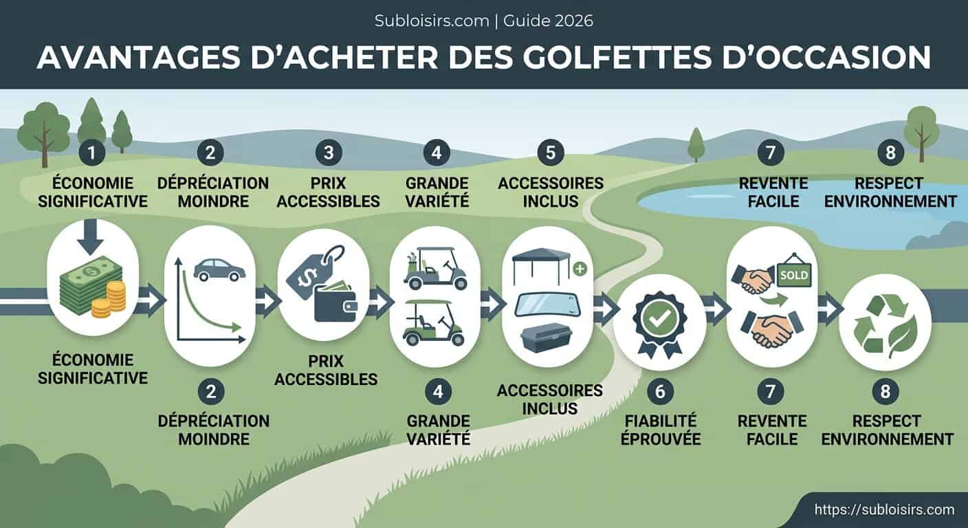 Schéma des 5 étapes d'acquisition d'une golfette d'occasion – diagnostic batterie au carnet d'entretien