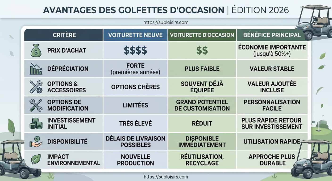 Tableau comparatif des avantages golfette d'occasion vs neuve – batteries plomb et lithium