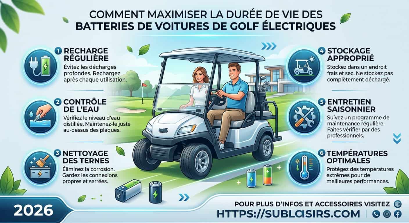 Infographie : étapes d'entretien des batteries de voiturette de golf électrique