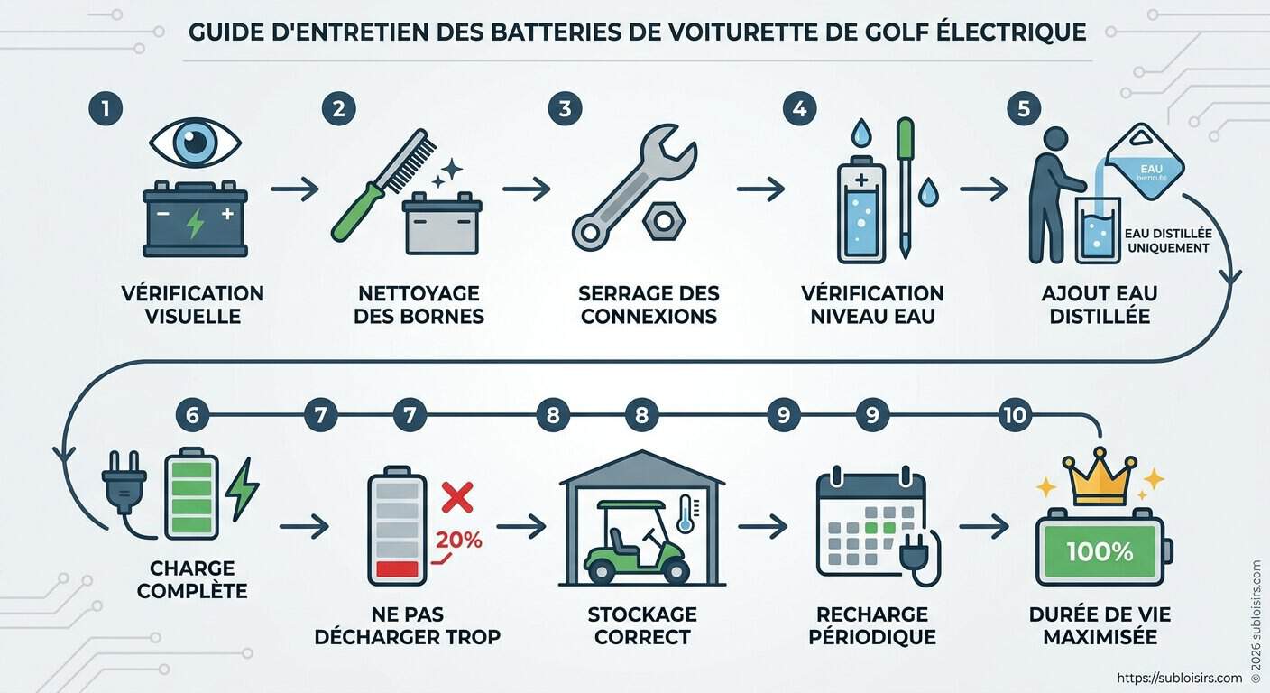 Schéma du processus d'entretien des batteries de voiturette de golf électrique incluant vérification eau distillée et nettoyage bornes