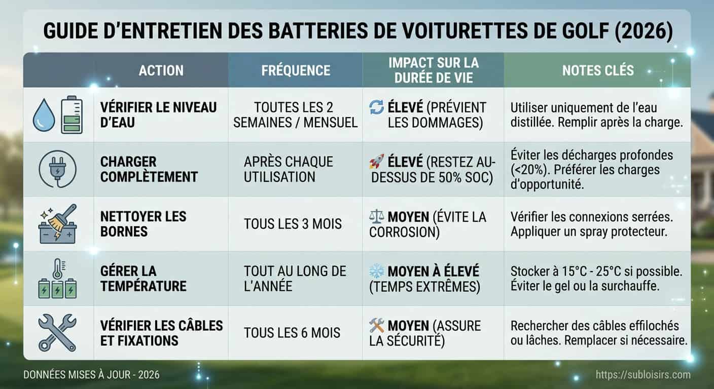 Tableau guide des bonnes pratiques de maintenance batteries voiturette de golf 2026 avec seuils de tension et fréquences de charge