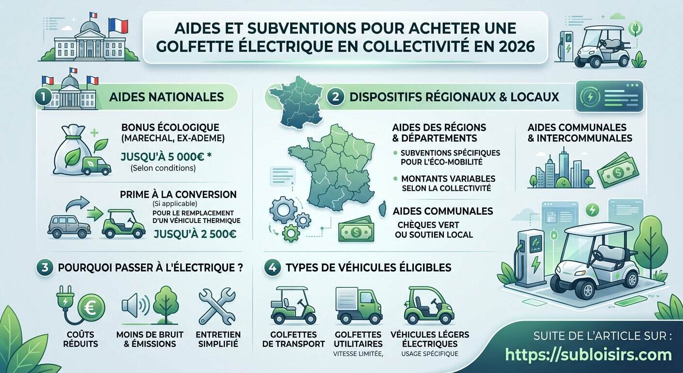 Infographie processus en 5 étapes pour obtenir des aides financières et subventions golfette électrique en collectivité 2026