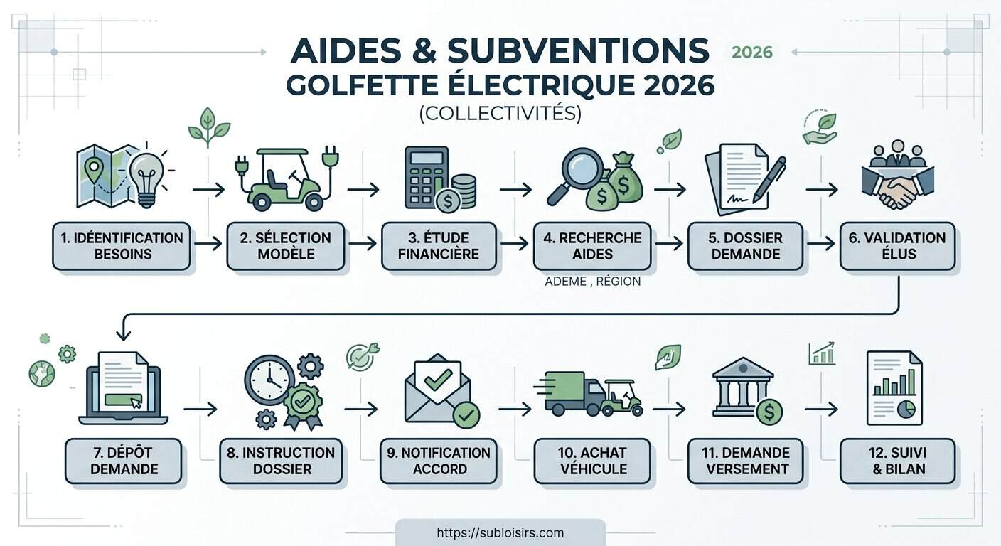 Schéma de processus complet : du diagnostic à l'obtention des subventions pour golfette électrique en collectivité 2026