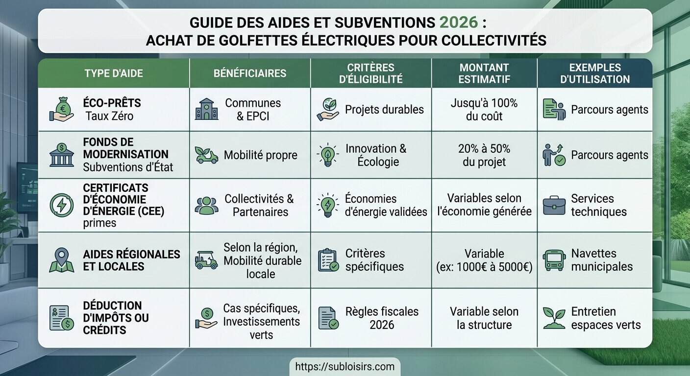 Tableau comparatif détaillé des dispositifs de financement et subventions 2026 pour golfettes électriques en collectivité