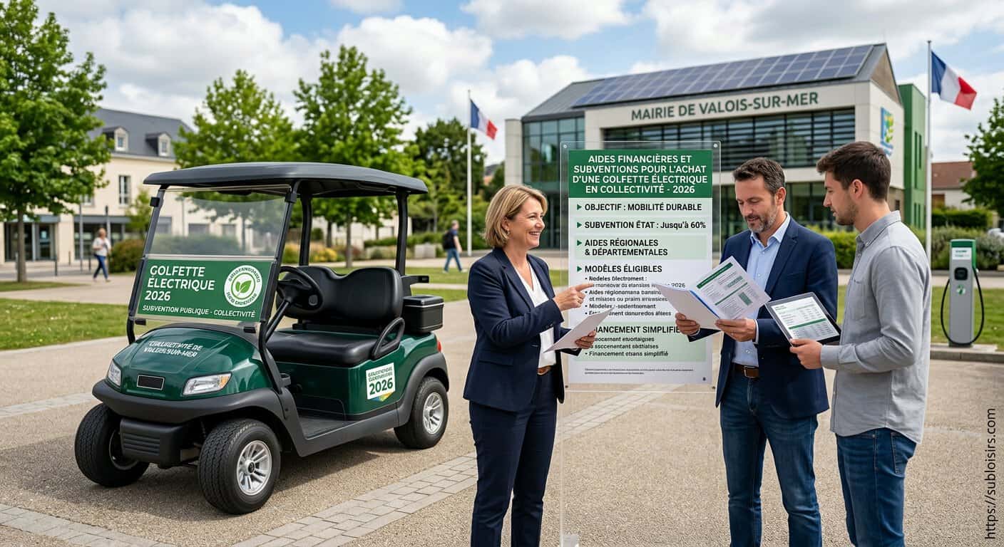 Agent municipal utilisant une golfette électrique Yamaha dans un parc public — subventions et aides financières collectivité 2026