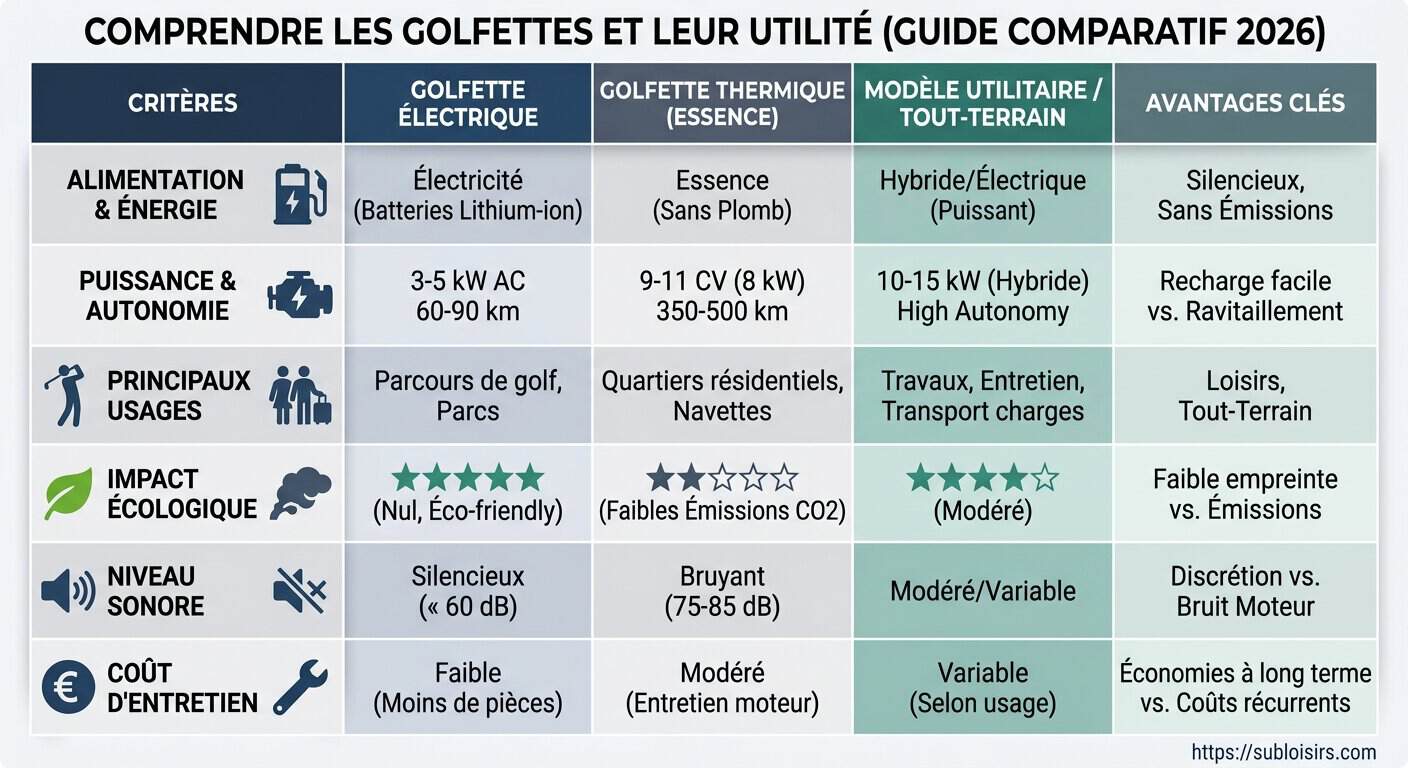 Tableau comparatif des golfettes 2026 par usage et autonomie