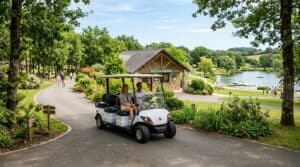 Golfette électrique Yamaha garée sur un parcours de golf verdoyant