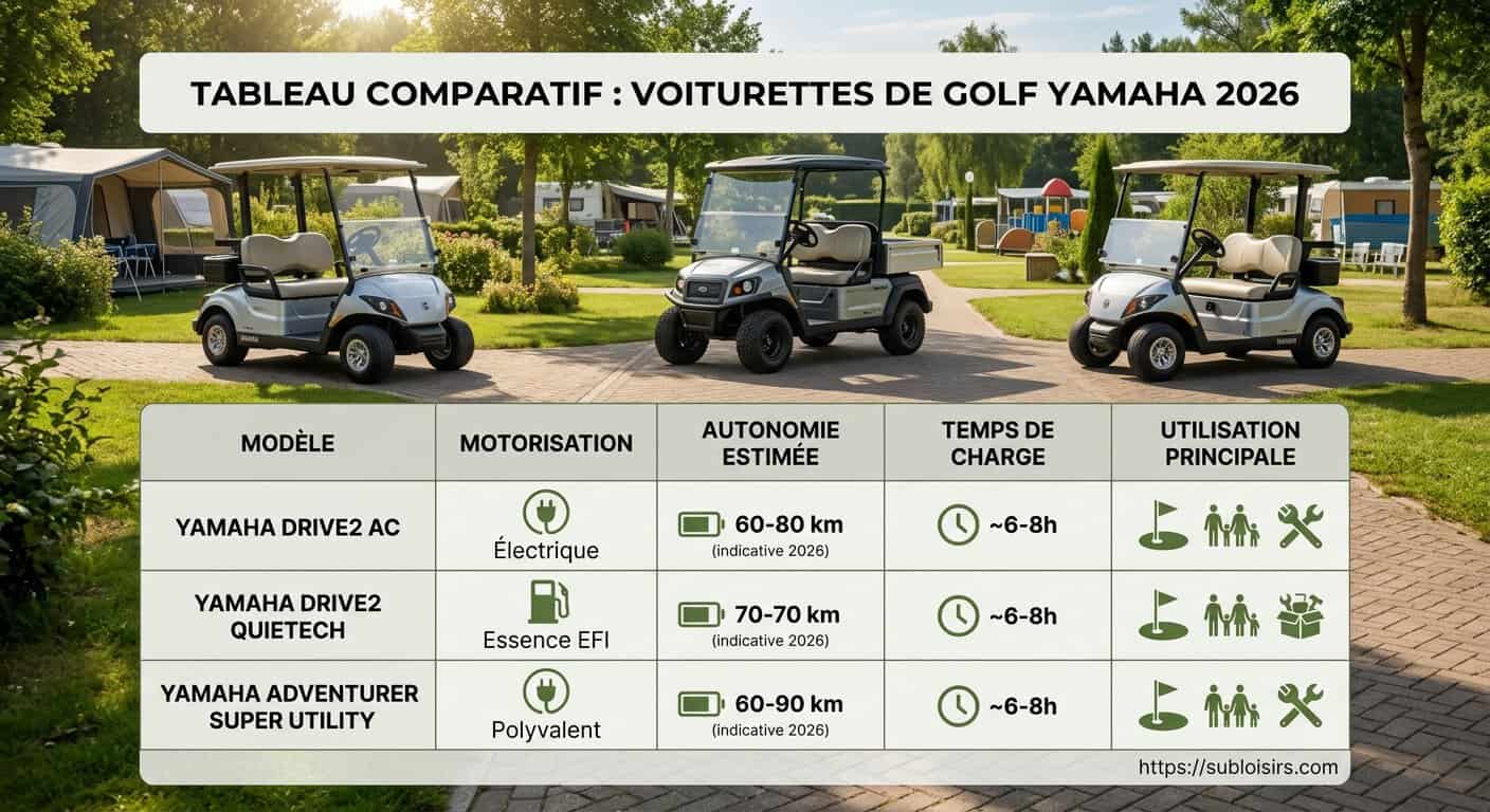 Comparatif des spécifications des voiturettes de golf Yamaha 2026 : motorisation, autonomie, puissance